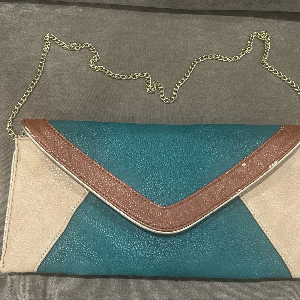 Teal Tricolor Envelope Crossbody Clutch with Gold Chain